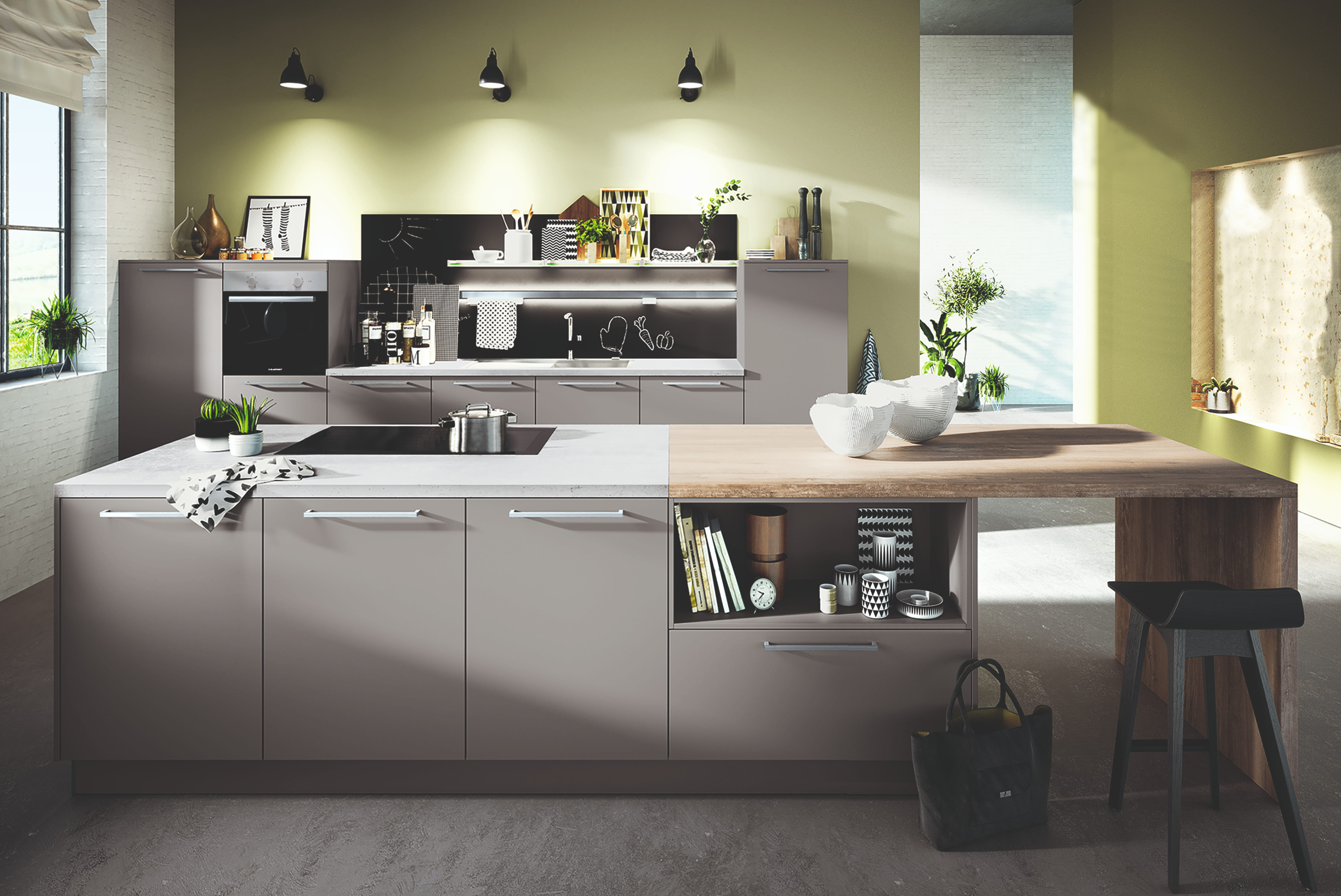 Hellgraue Küche mit großer Kücheninsel