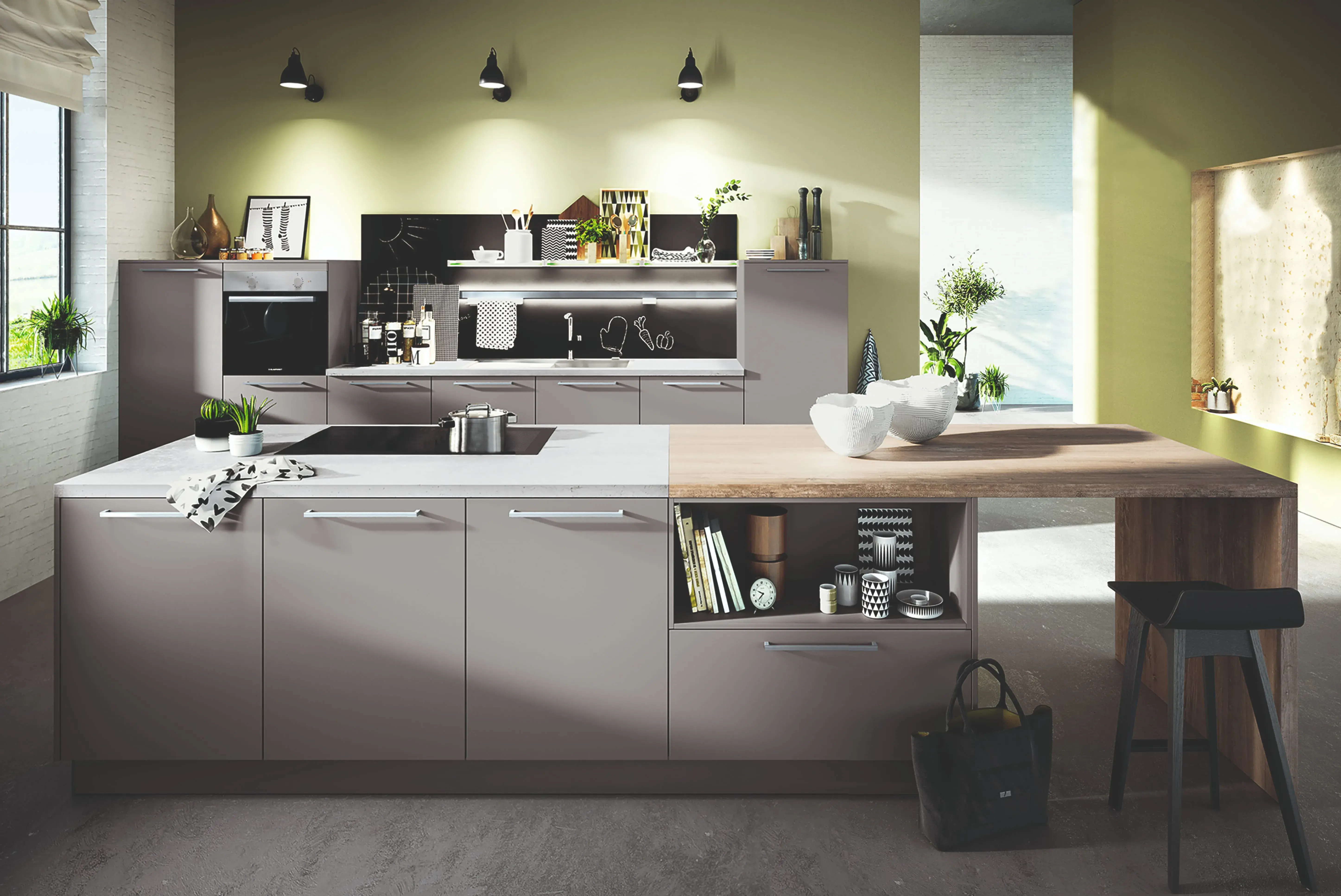 Hellgraue Küche mit großer Kücheninsel